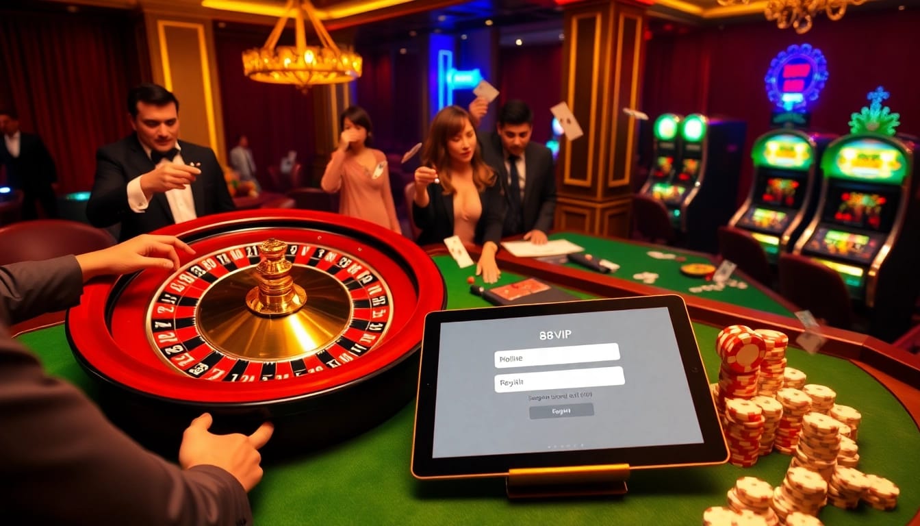 Experience the excitement of Đăng Ký Nhà Cái 68VIP with a vibrant casino scene featuring roulette, poker, and digital registration.