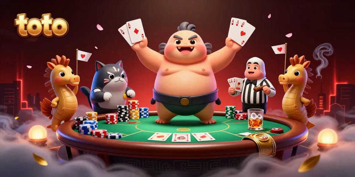 Win big with toto games as a blowfish sumo shows off poker prowess and lively underwater action.