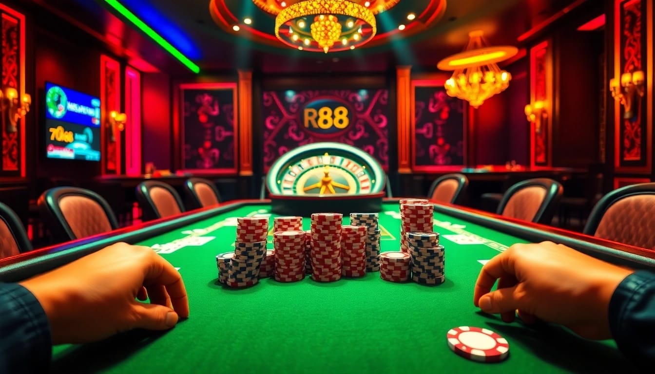 Exciting casino scene showcasing RR88 poker table action with vibrant chips and cards.
