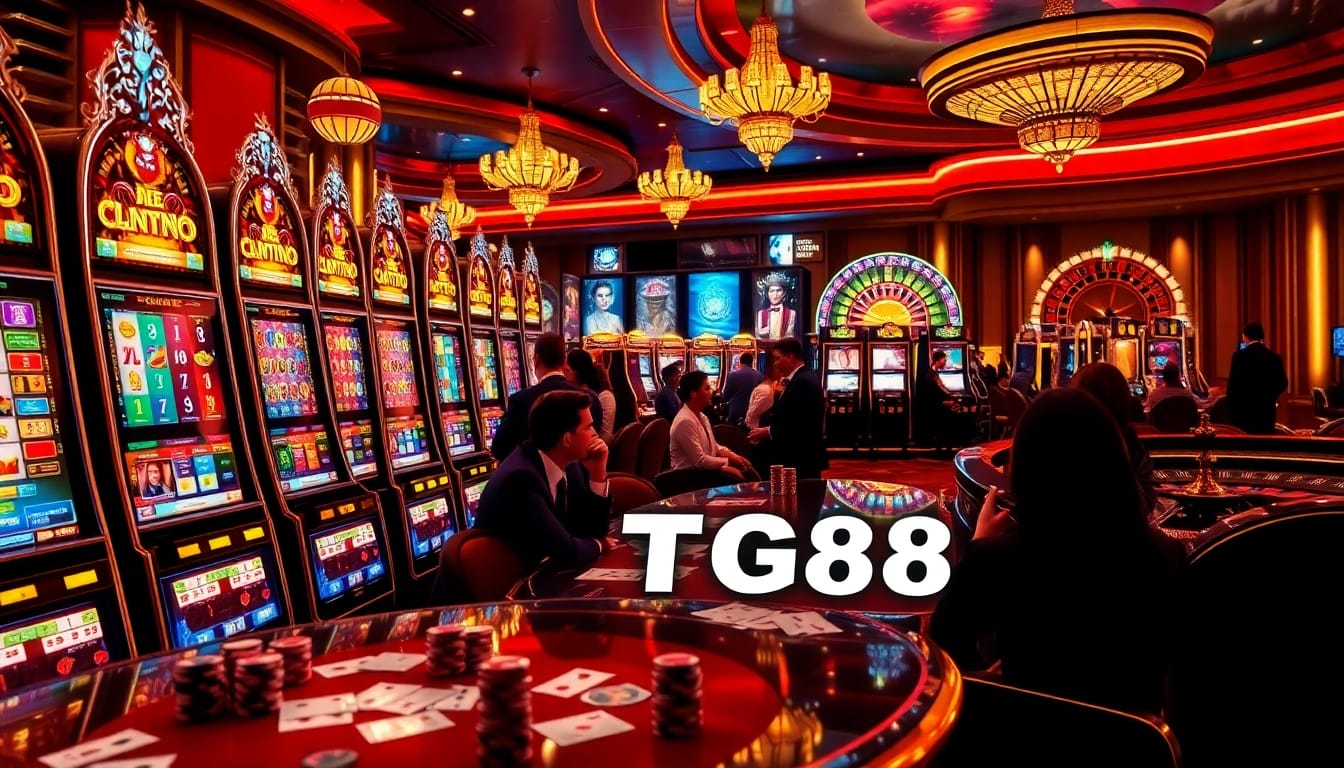 Gamblers engage with dynamic TG88-themed slot machines in a luxurious casino setting.