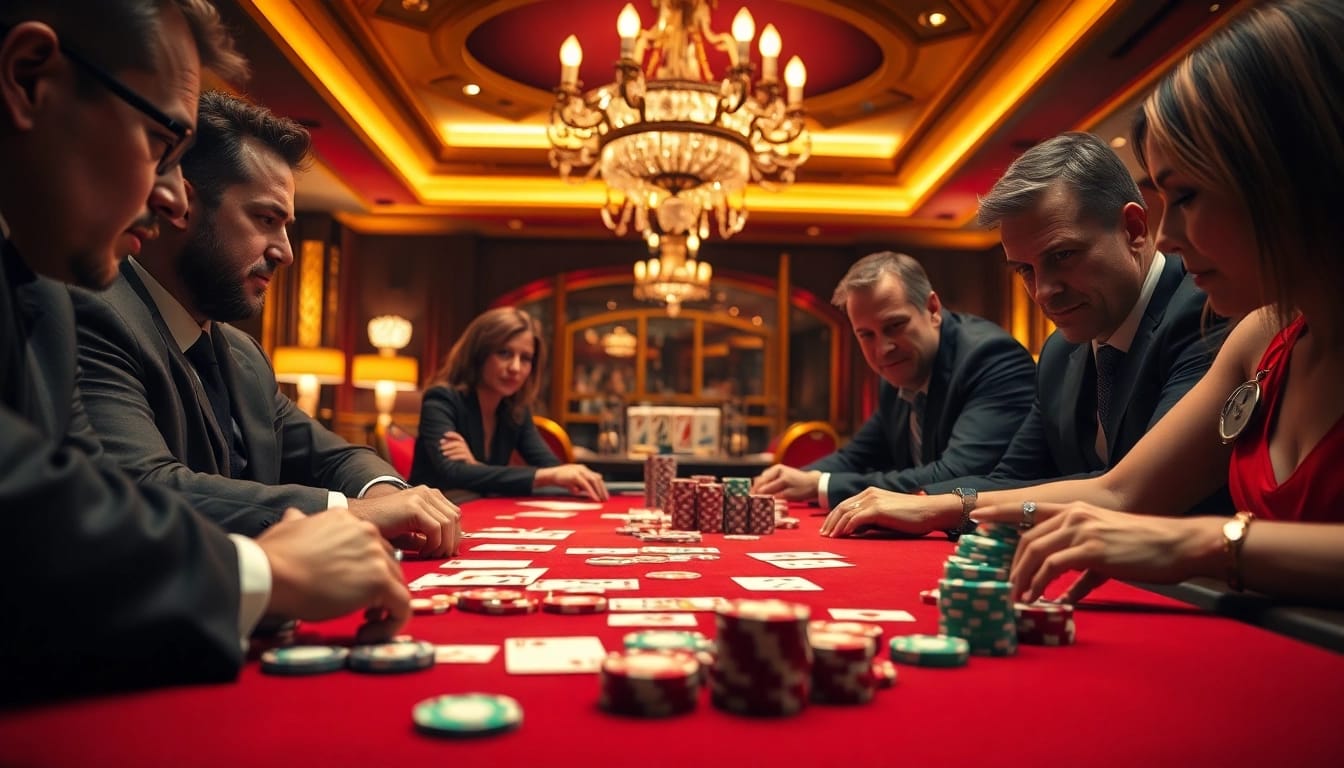Engaging players engrossed in a high-stakes Poker Game with vibrant chips and dramatic setting.