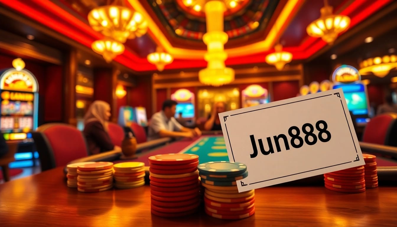 Exciting poker game at Jun88 casino showcasing vibrant chips and a roulette wheel.