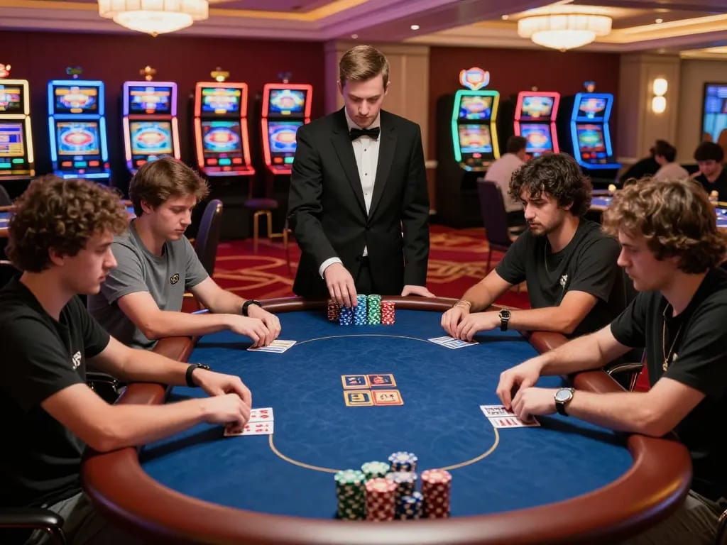 A thrilling poker game in progress at 777vip casino with players analyzing cards and chips.