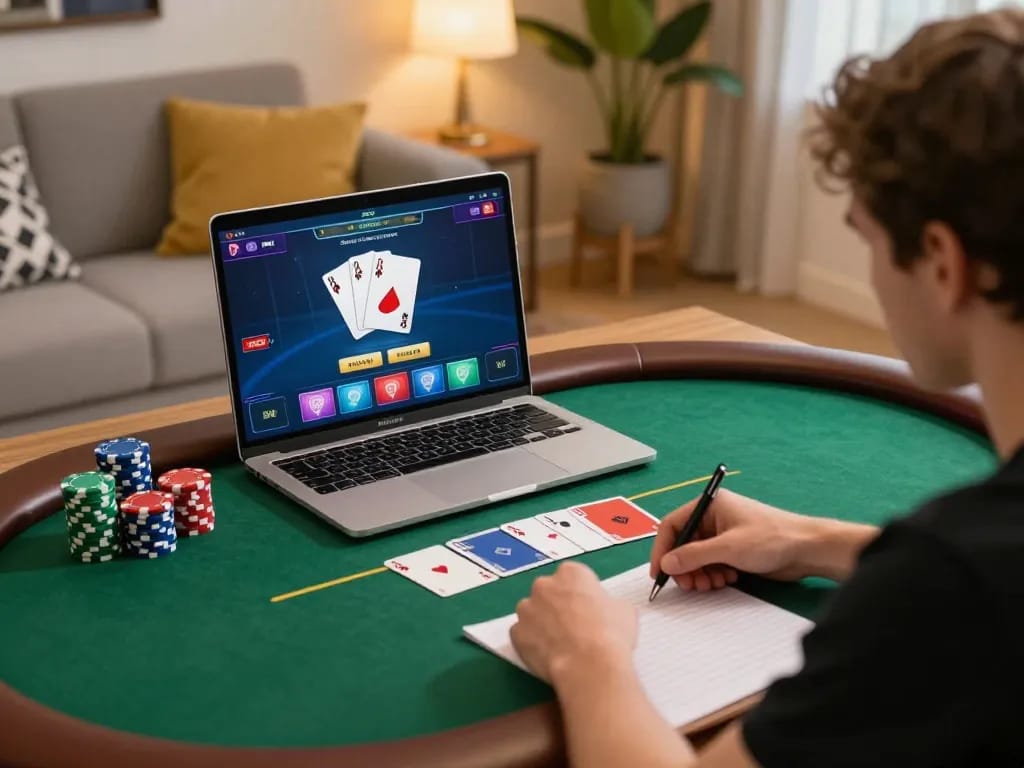 Engaging in strategic poker gameplay at home, user immersed in Rik vip online casino