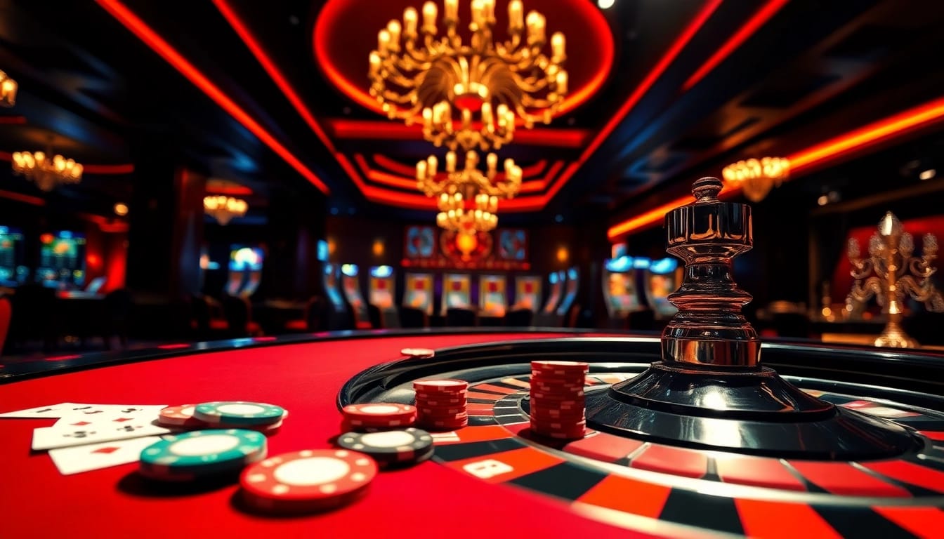 Experience casino games with a vibrant roulette setup and lively casino atmosphere.