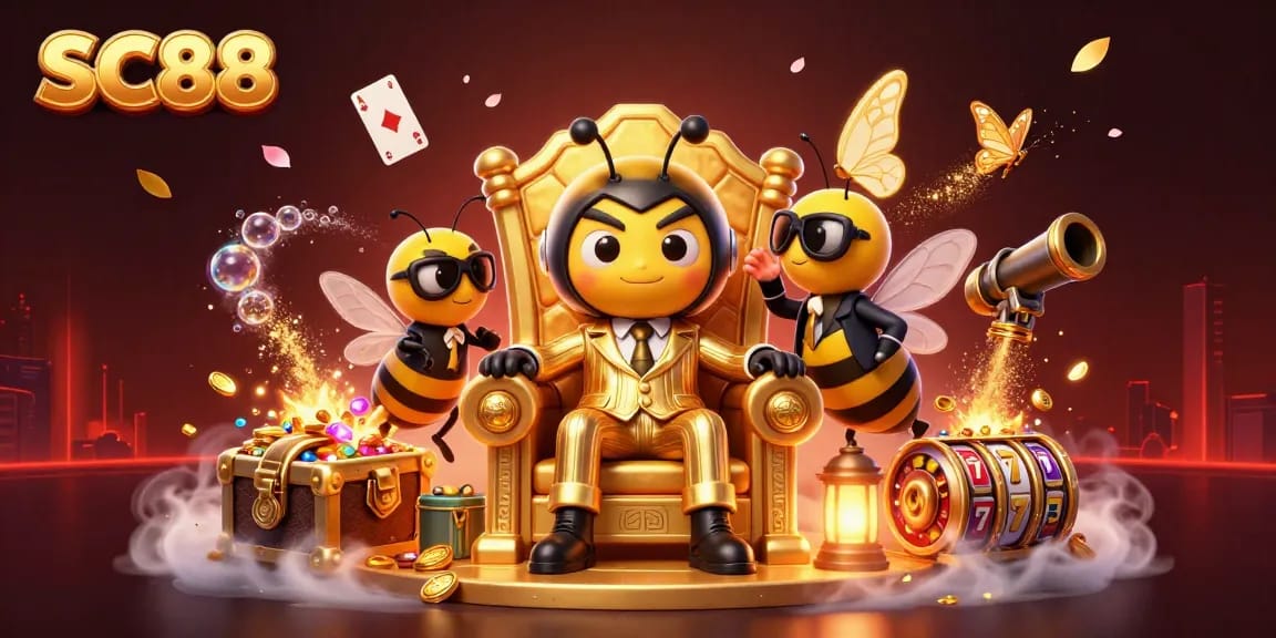 SC88 players experience captivating slot games amid a vibrant casino scene filled with gold and excitement.
