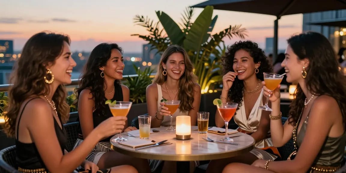 Nhóm gái gọi đang vui vẻ tại quán bar rooftop, tối và thời trang.