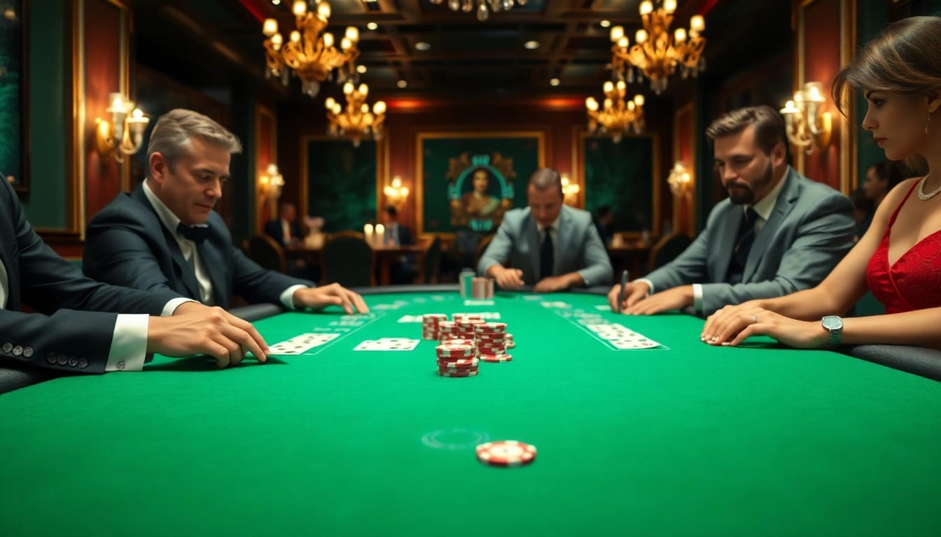 Experience a thrilling Blackjack Casino game with elegant players and luxury surroundings.