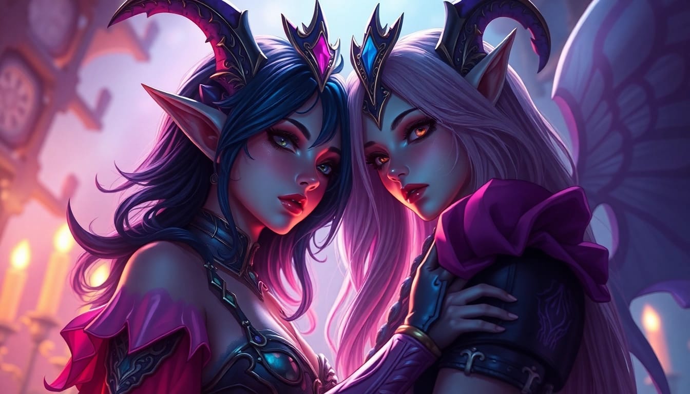 NSFW fantasy-themed character interaction showcasing vibrant colors and dramatic lighting