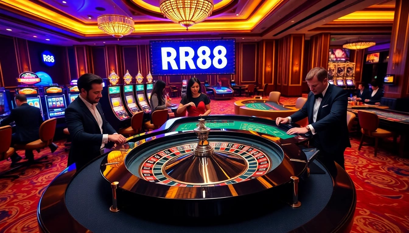Gamblers enjoying the excitement of RR88 at a luxurious casino table with roulette and chips.