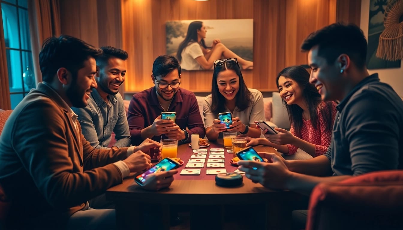 Engaged group playing Yono Rummy in a cozy setting, showcasing excitement and strategy.