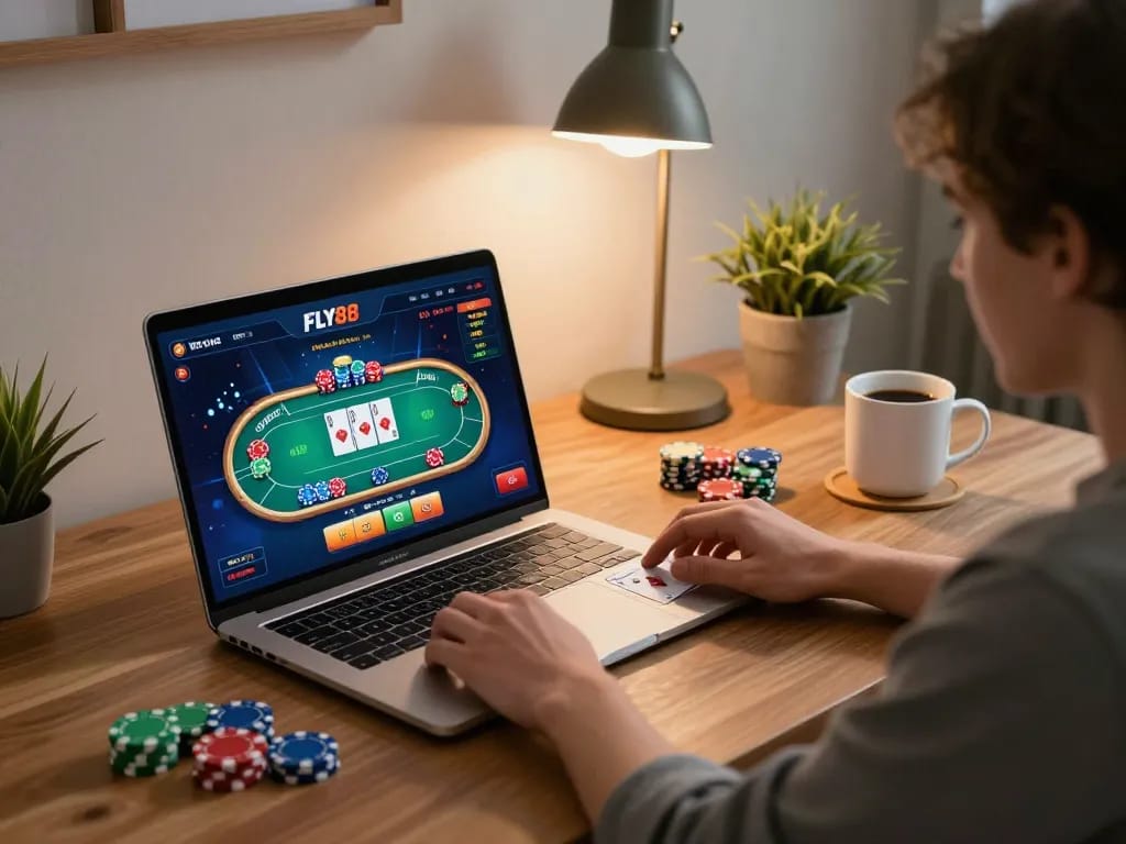 Engaging player at FLY88 online casino, strategically betting in a modern gaming setup