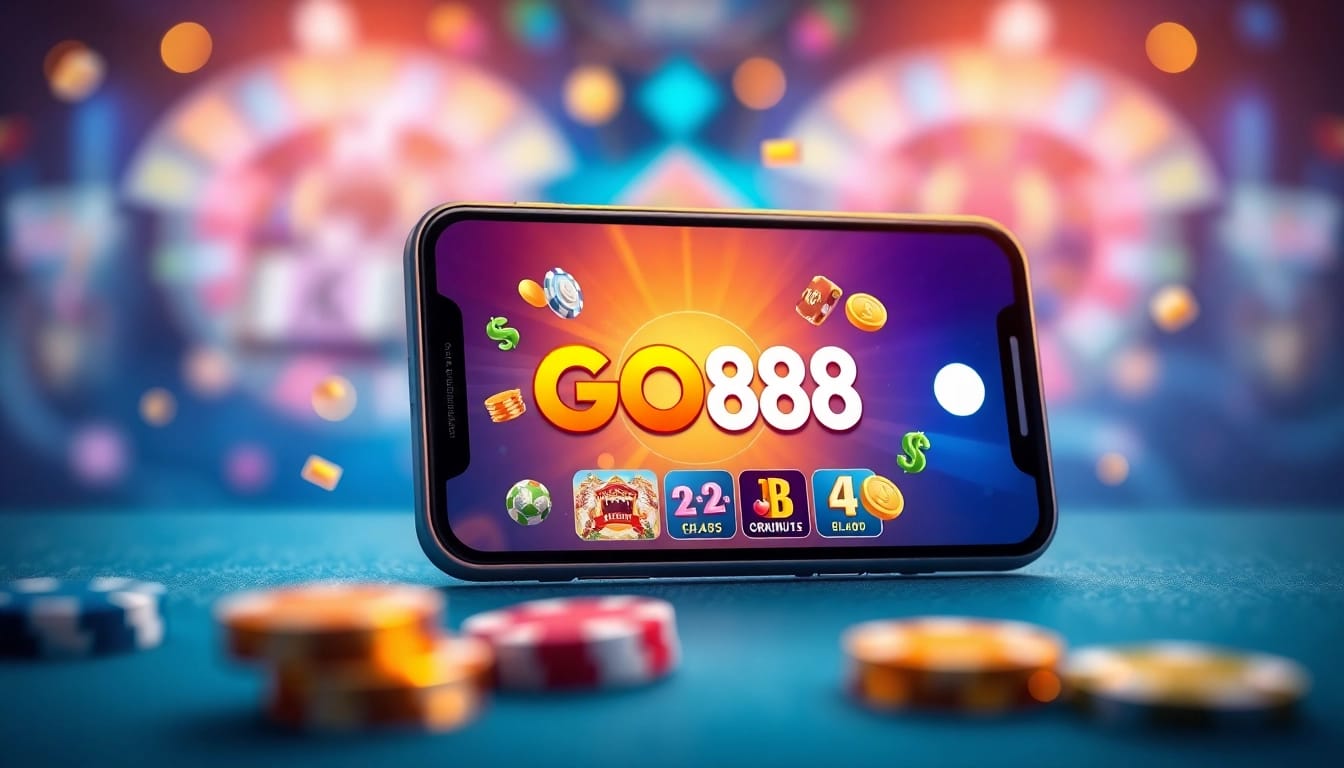 Tải GO88 app displayed on a smartphone surrounded by colorful gaming elements.