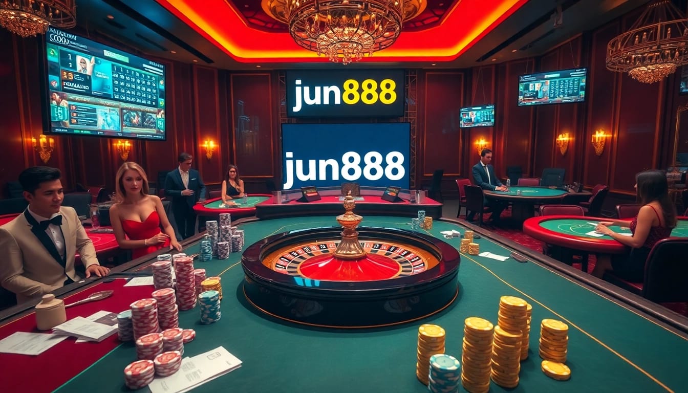 Experience the thrill of jun888 at a luxurious casino featuring vibrant poker tables and a shining roulette wheel.