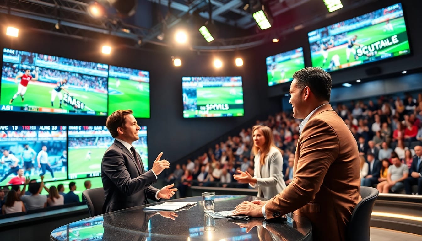 Engaging hosts energizing viewers in a vibrant sports broadcasting studio.