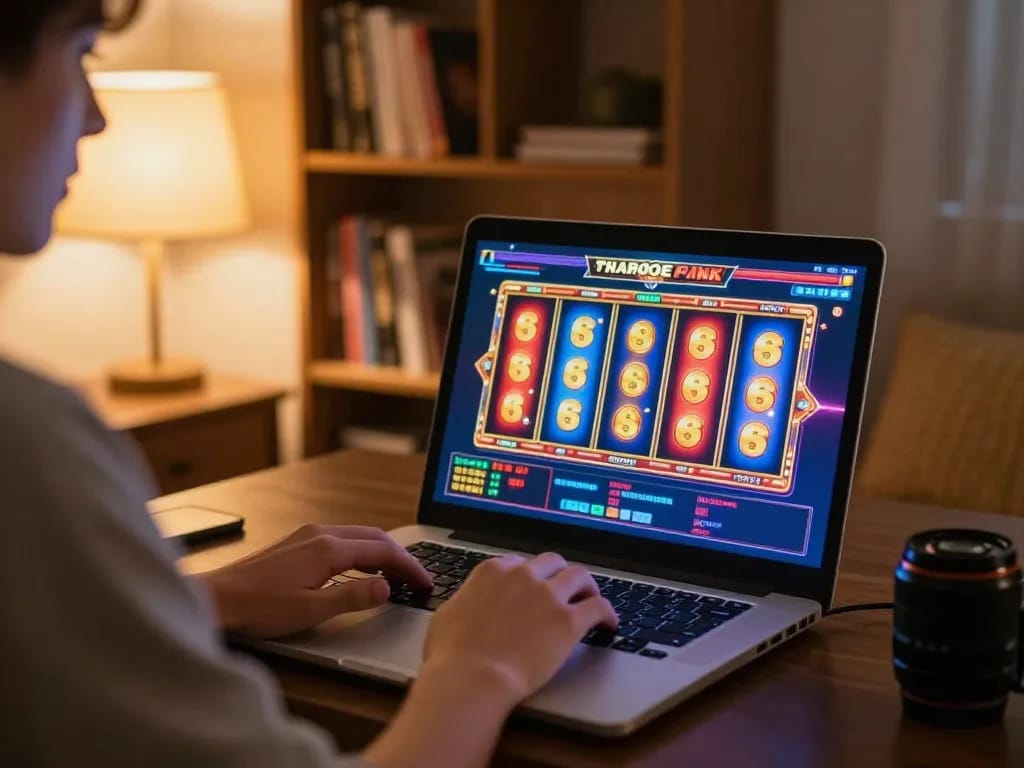 Online casino Malaysia player enjoys vibrant slots on laptop in cozy home setting