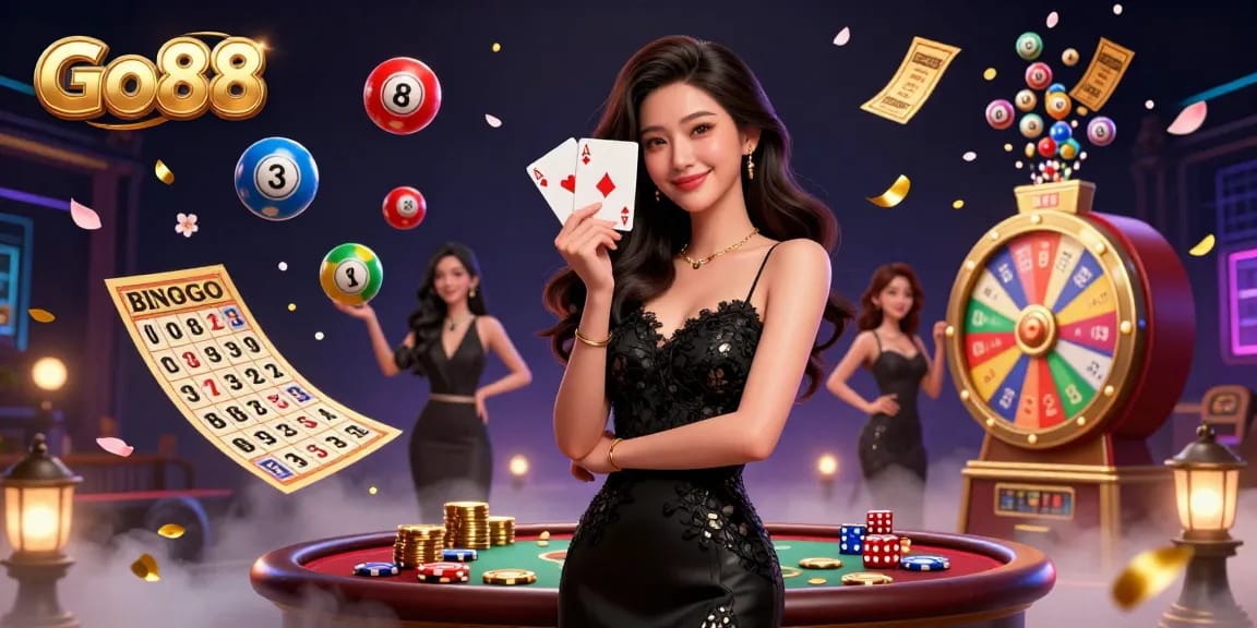 Experience the thrill of Go88 with vibrant casino elements and cards in a captivating 3D illustration.