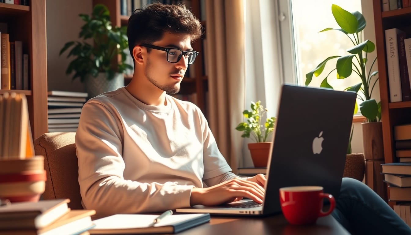 Estudiante trabajando con un MacBook para estudiantes en un ambiente acogedor.