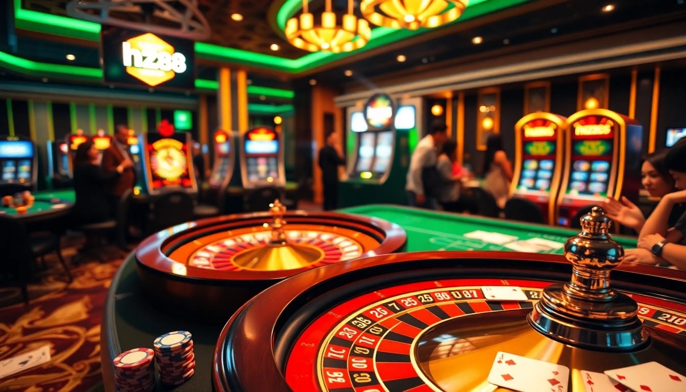 Experience the excitement of the hz88 app with a vibrant casino scene showcasing gambling tables and thrills.
