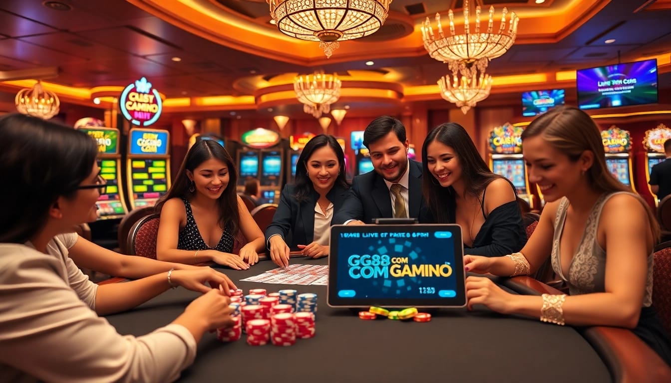 Experience the thrilling action at GG88 Com's vibrant gaming tables as players engage with cards and chips.
