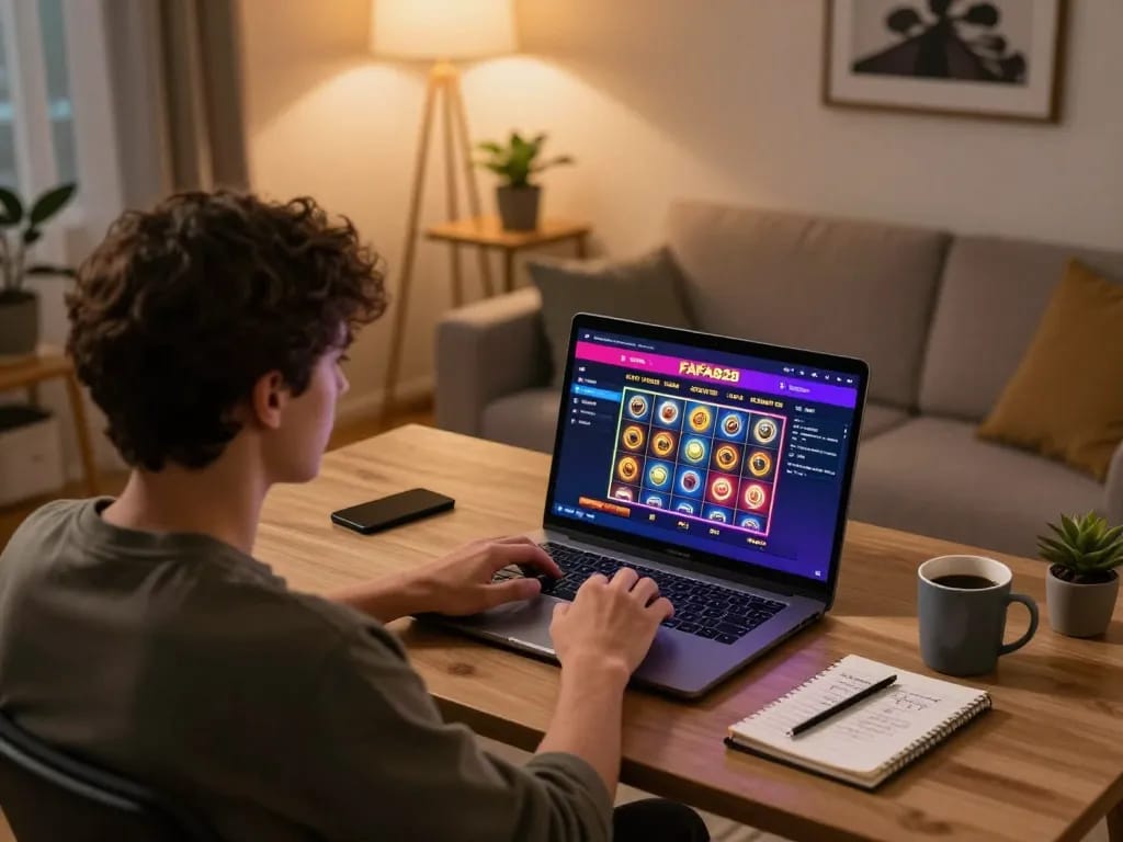 Engaging with FAFA828 on a laptop at home, showcasing an exciting online casino interface and strategic notes.