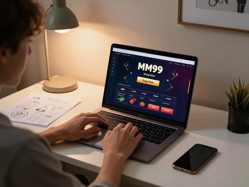 Engaging in MM99 Đăng Nhập with a laptop setup showcasing online casino activities.