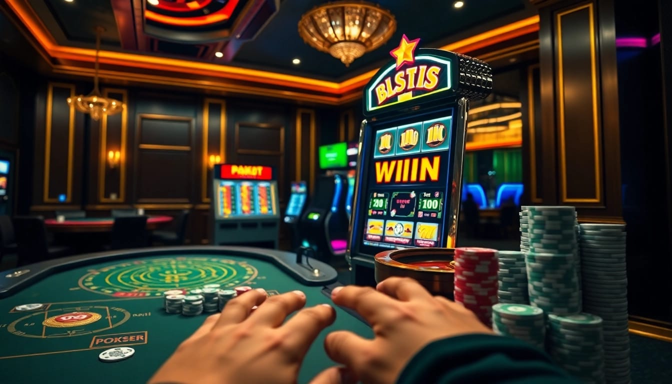 Exciting IDNSLOT gaming scene with vibrant slot machines and casino tables.