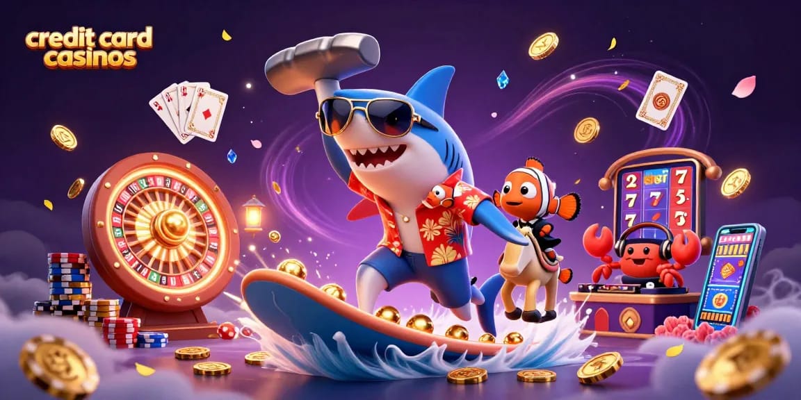 Experience exciting wins at credit card casinos with vibrant cartoon characters and dynamic casino elements.