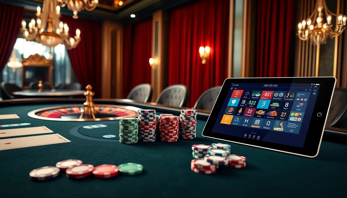 Exciting casino scene with poker chips and cards, showcasing http://abc1256.com/ gaming options.