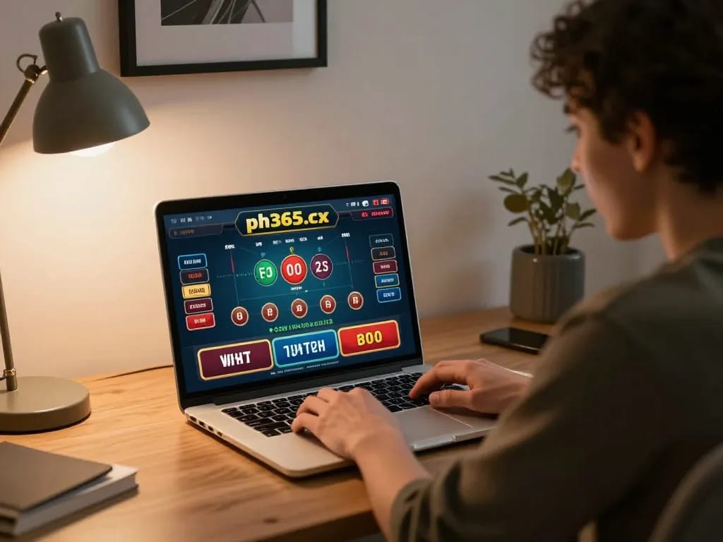 Engaged player enjoying live games via ph365.cx on a laptop, showcasing exciting betting gameplay.