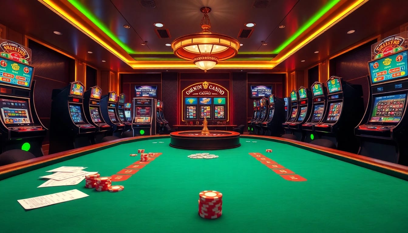 Experience the excitement of the okwin game at a luxurious casino featuring a vibrant poker table and slot machines.