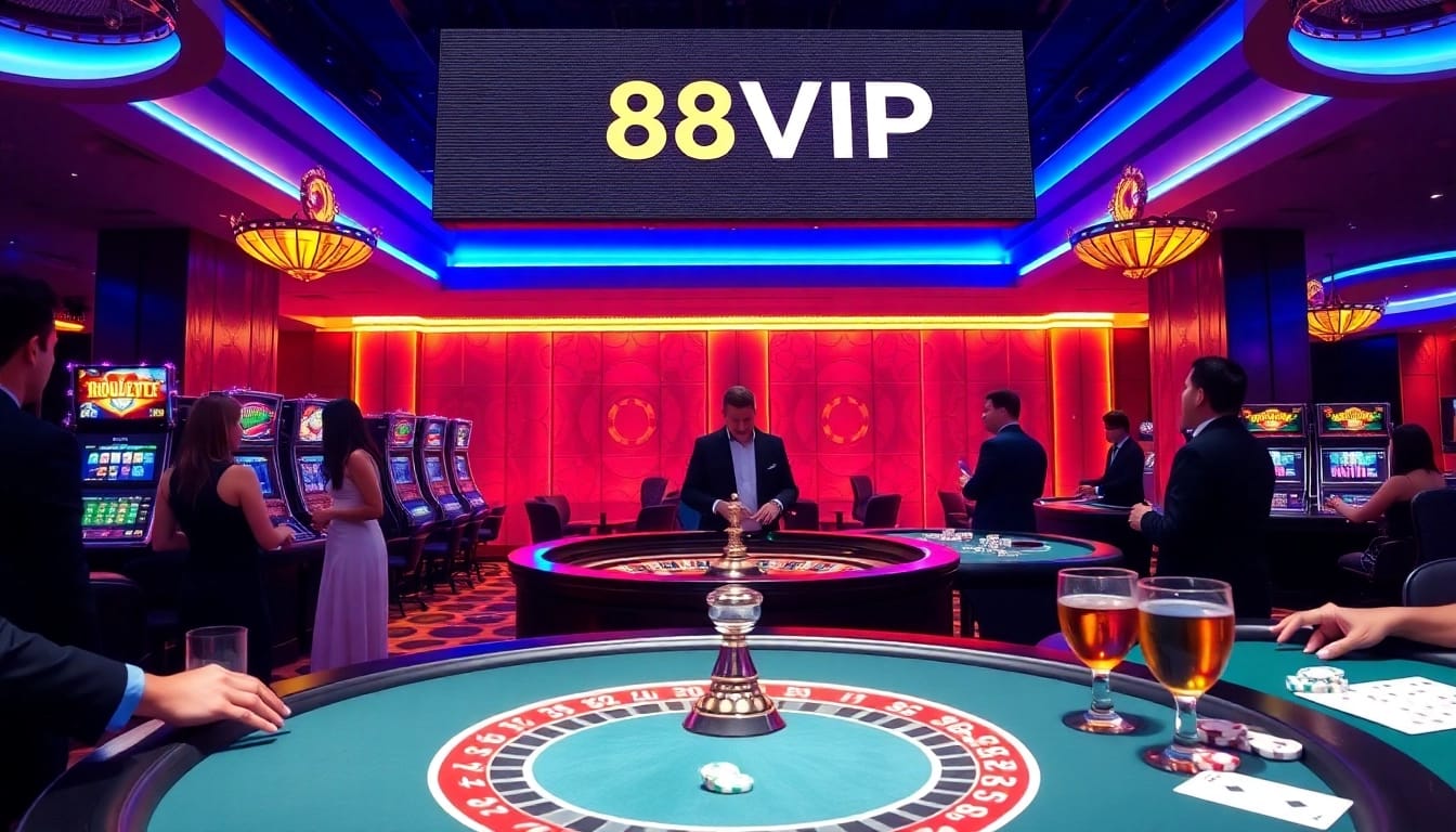 Exciting casino scene featuring 68VIP logo with roulette and poker tables, enhancing the gambling experience.