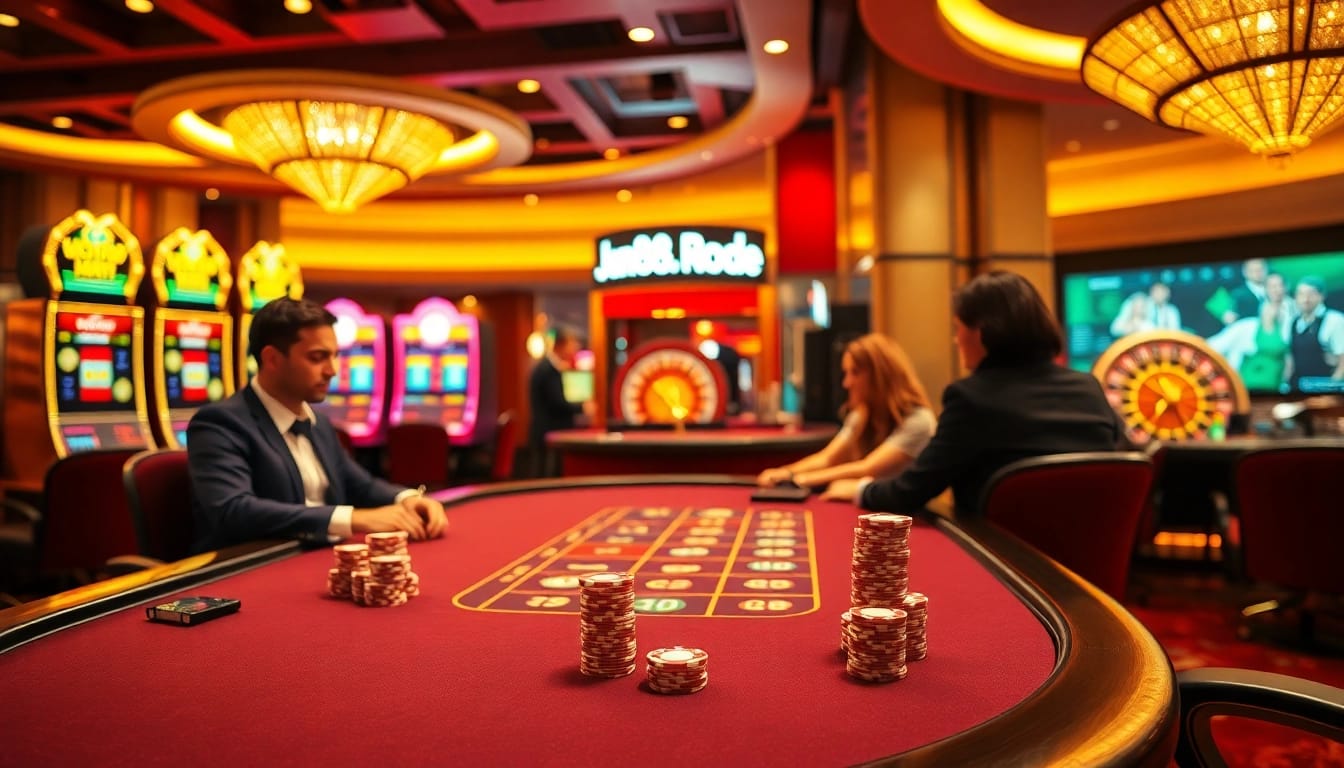 An engaging poker scene showcasing competitive gameplay at jun88.rodeo, highlighting luxury and excitement in gambling.