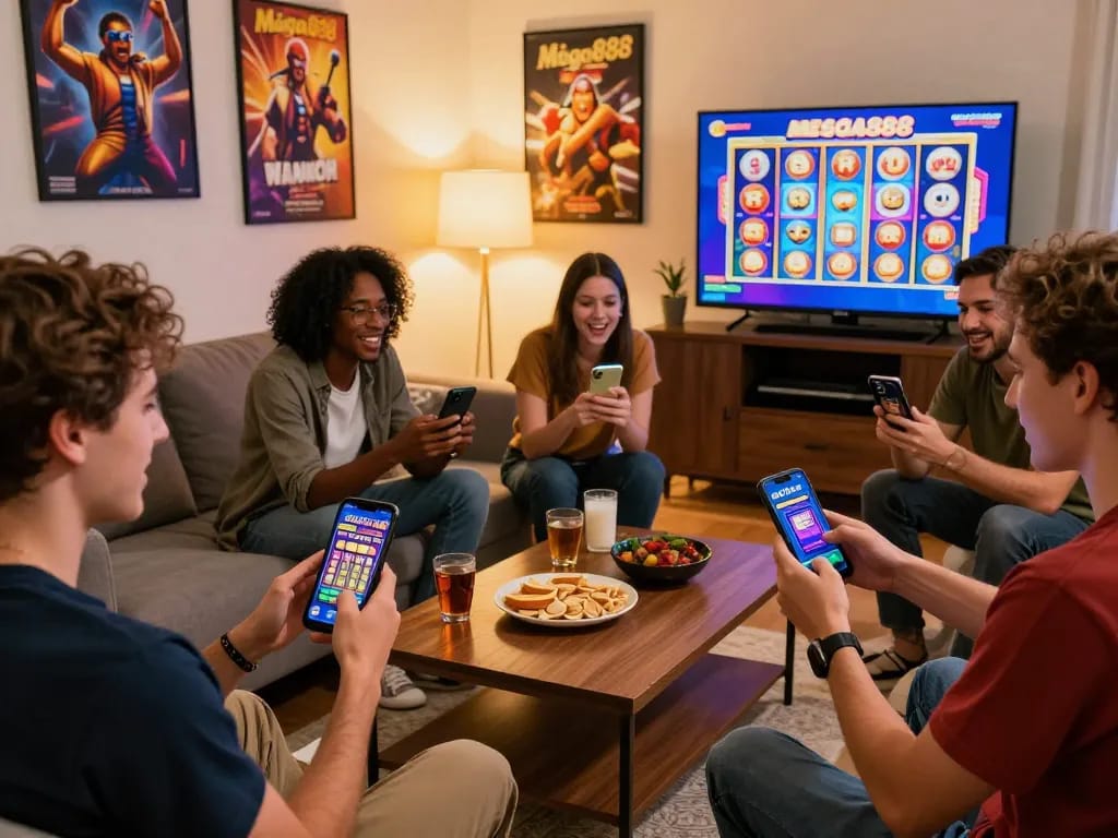 Dynamic scene of friends maximizing free credit mega888 on mobile app in a cozy living room setting, showcasing excitement and community.