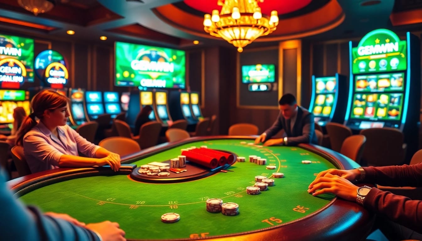 GEMWIN app interface displayed in a vibrant casino, capturing the excitement of gambling.