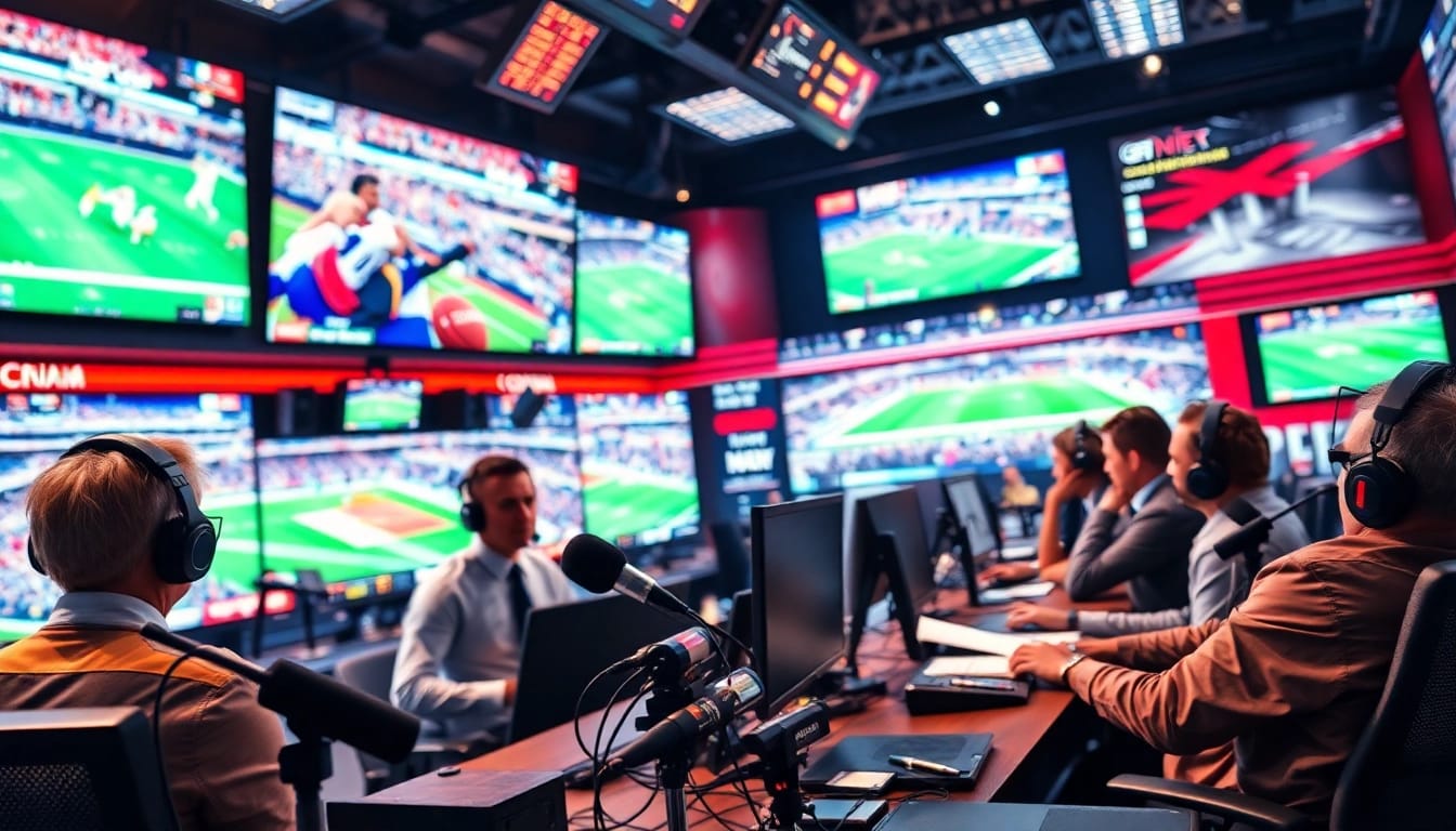 Journalists engaged in sports broadcasting with dynamic studio visuals.
