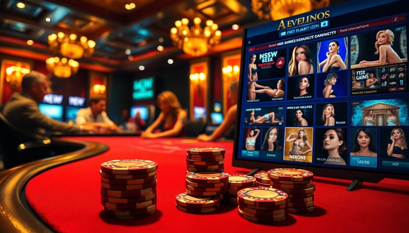 Engaging poker game scene with sexy digital displays for sex games at a luxurious casino.