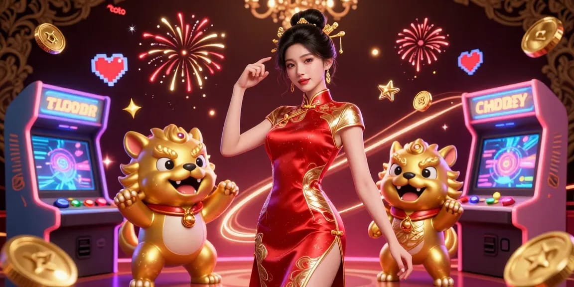 Experience thrilling toto gaming with a glamorous Asian woman, golden foo dog guardians, and vibrant casino elements.