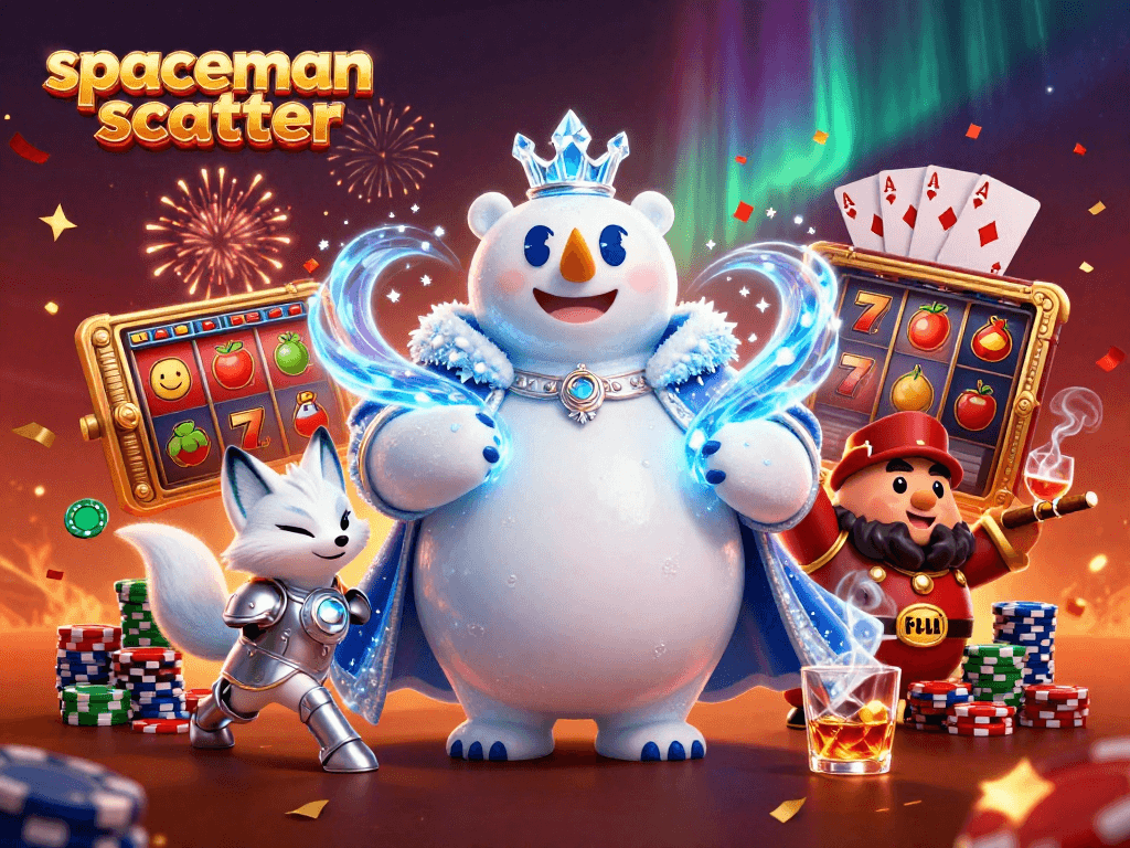 Experience the excitement of spaceman scatter featuring vibrant slot reels and energetic characters in a thrilling casino scene.