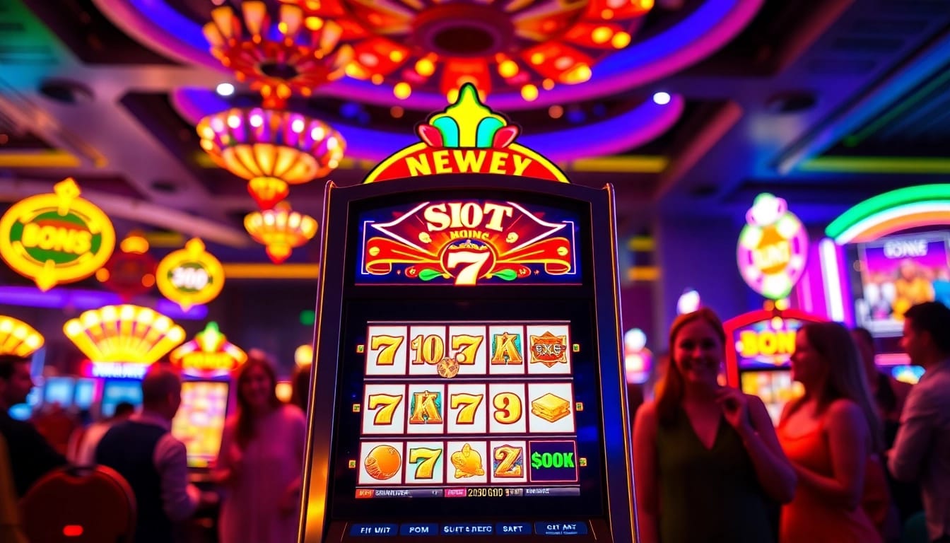Slot Game dengan mesin slot berchroma cerah mengundang pemain di kasino yang meriah.