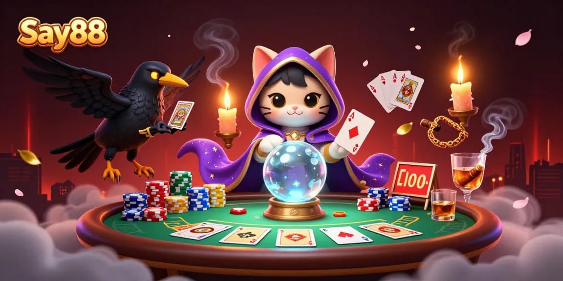Engage with Say88's vibrant casino scene featuring a fortune teller cat and dynamic poker action.