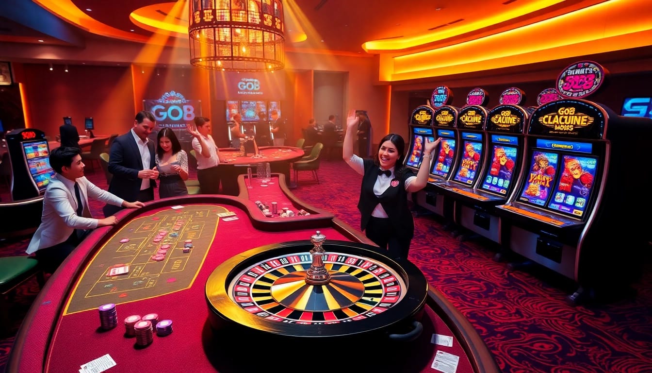 Gamblers enjoying an exciting game on the Go8 platform with casino tables and vibrant slots.