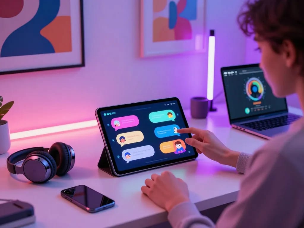 Engaging 18+ AI interactions with vibrant digital characters and sleek tech setup.