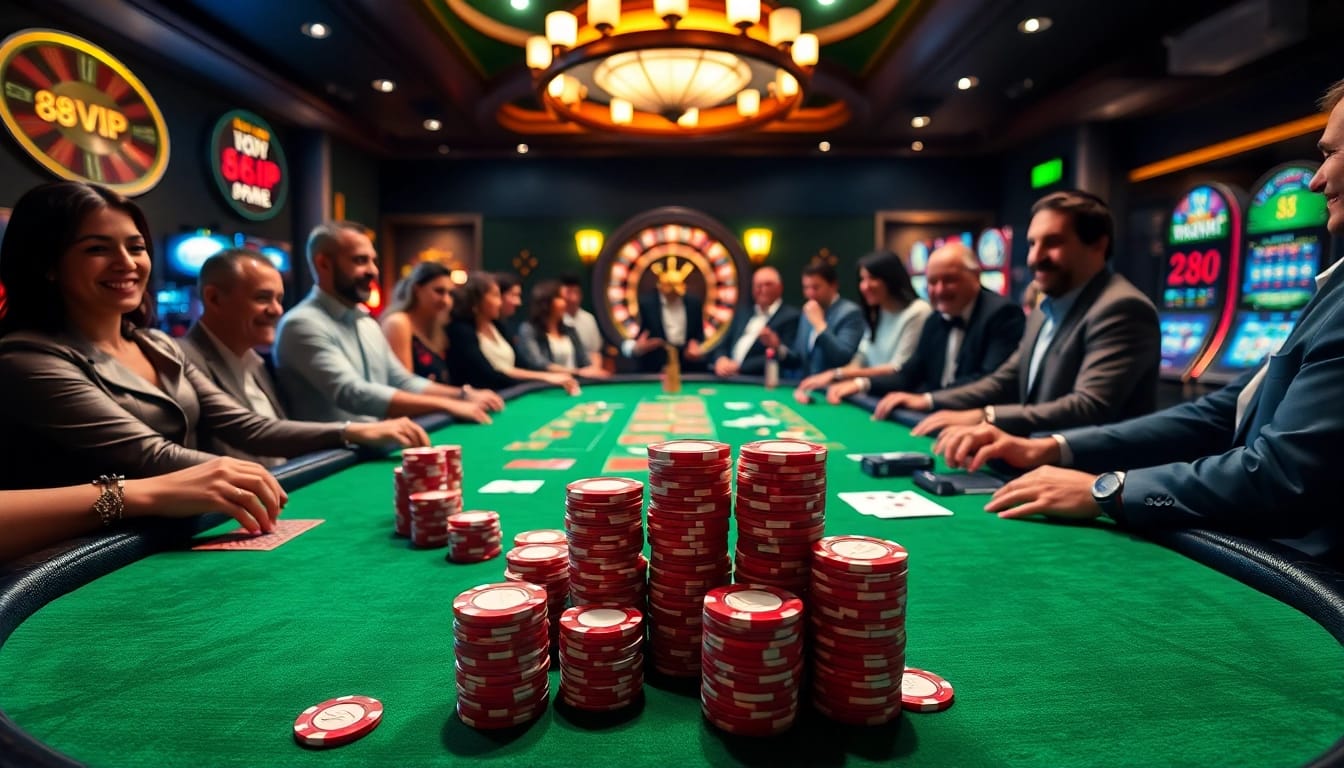 Play poker at 68VIP casino with high-stacked chips and winning cards in an exciting atmosphere.