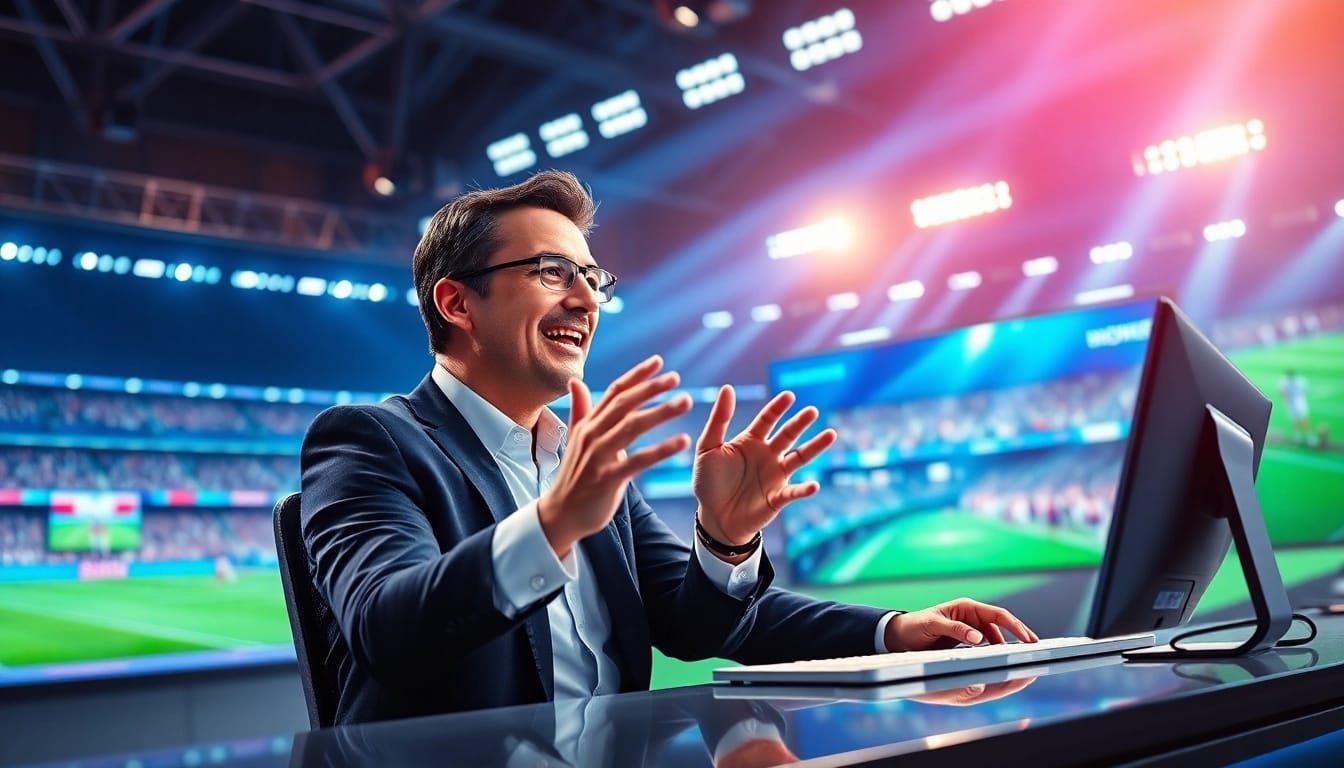 Engaging sports broadcasting scene showcasing a dynamic presenter at work.