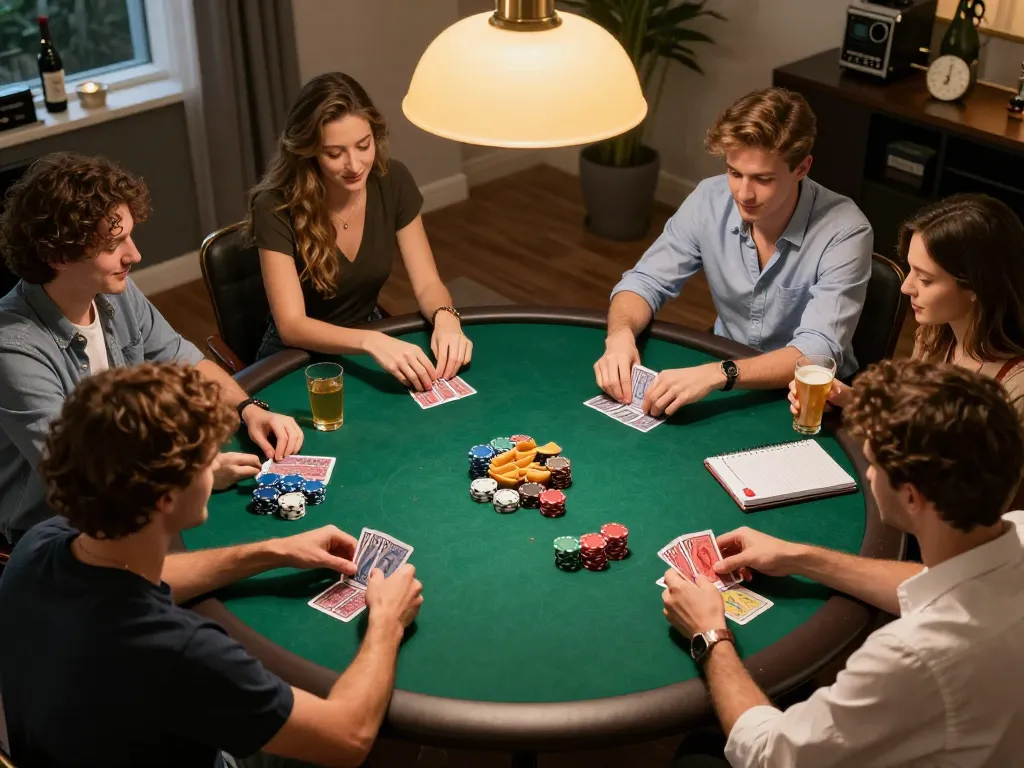 Engaged friends play poker at home, strategizing their bets on MPOSPORT platform for a fun night.