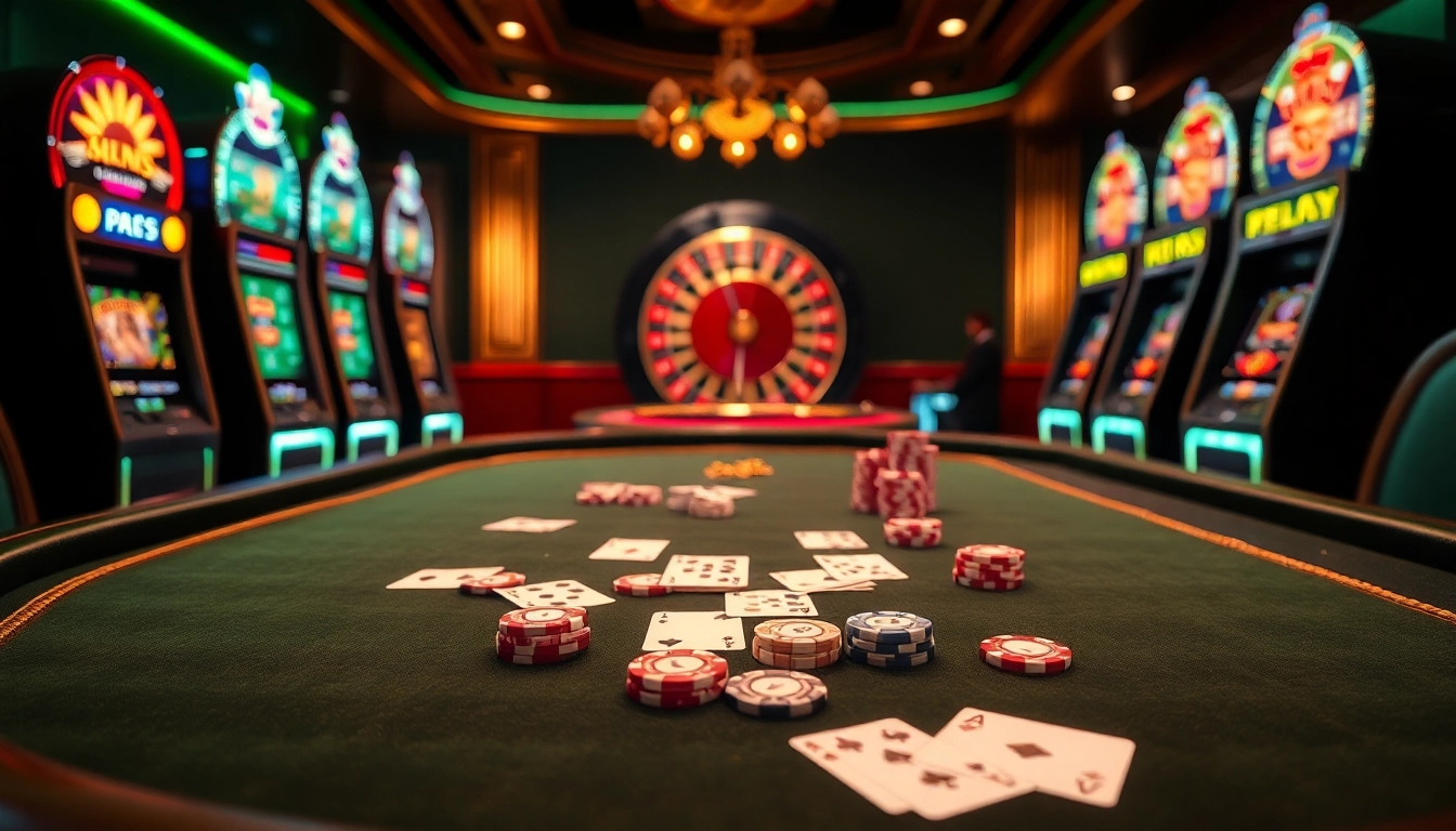 Engage with the thrill of VB88 at an elegant casino, showcasing a vibrant blackjack table surrounded by exciting games.