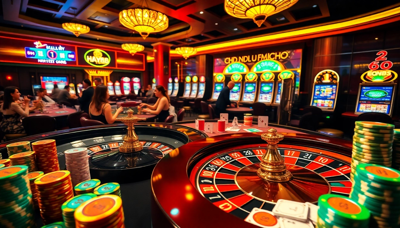 Engaging casino scene showcasing hay88 excitement with roulette, poker, and vibrant gambling elements.