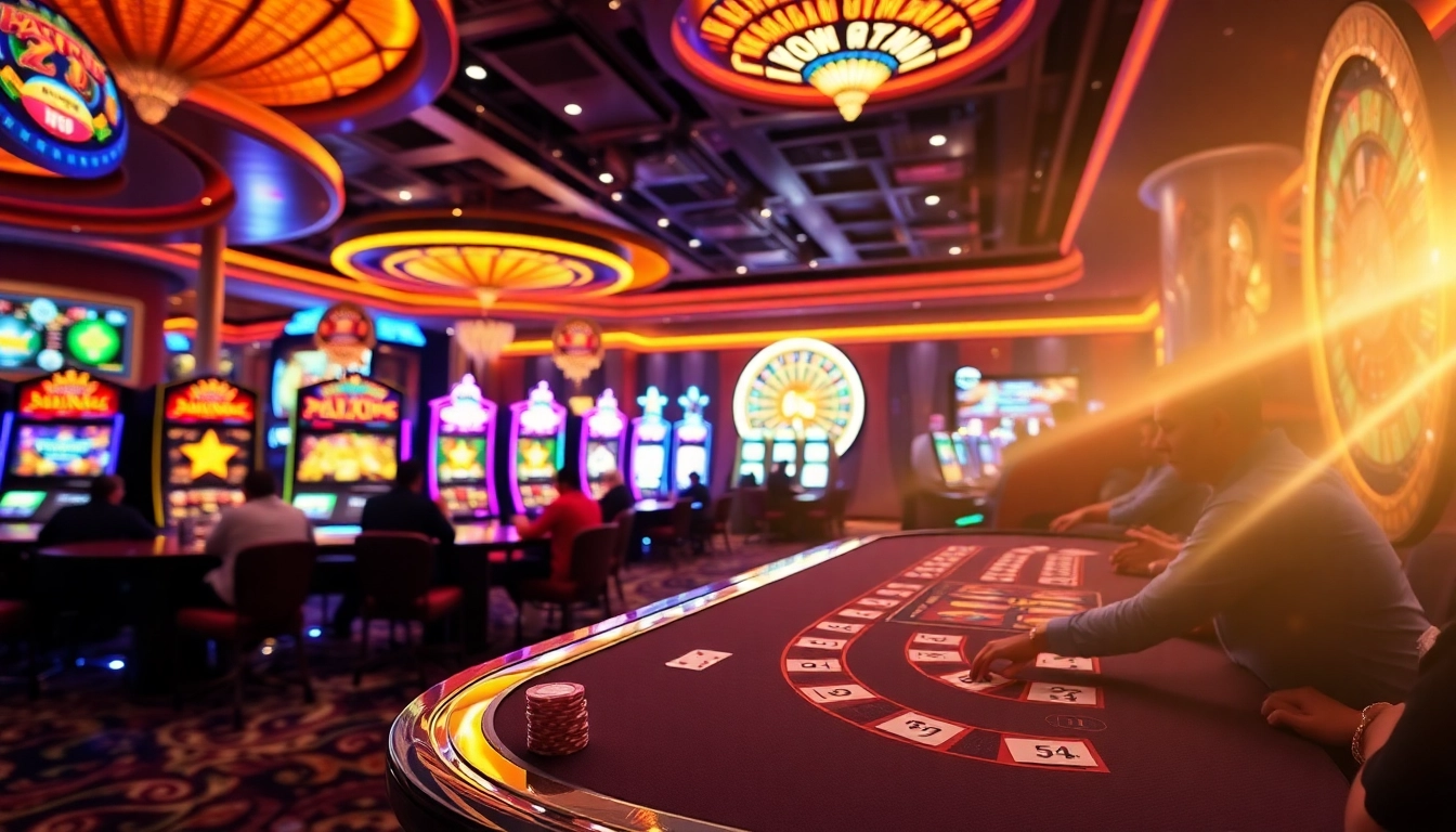 Experience the excitement of kuwin casino with players at vibrant tables and spinning roulette wheels.