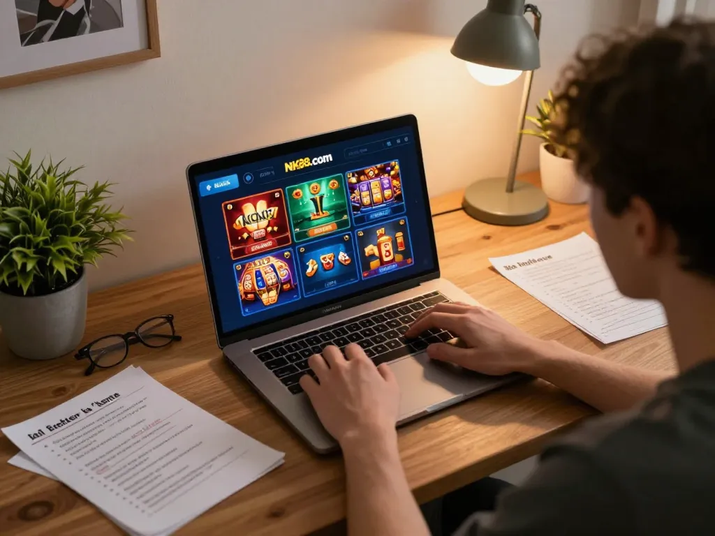 Engaging online gaming session on NK88 with player focused on poker and strategy notes.